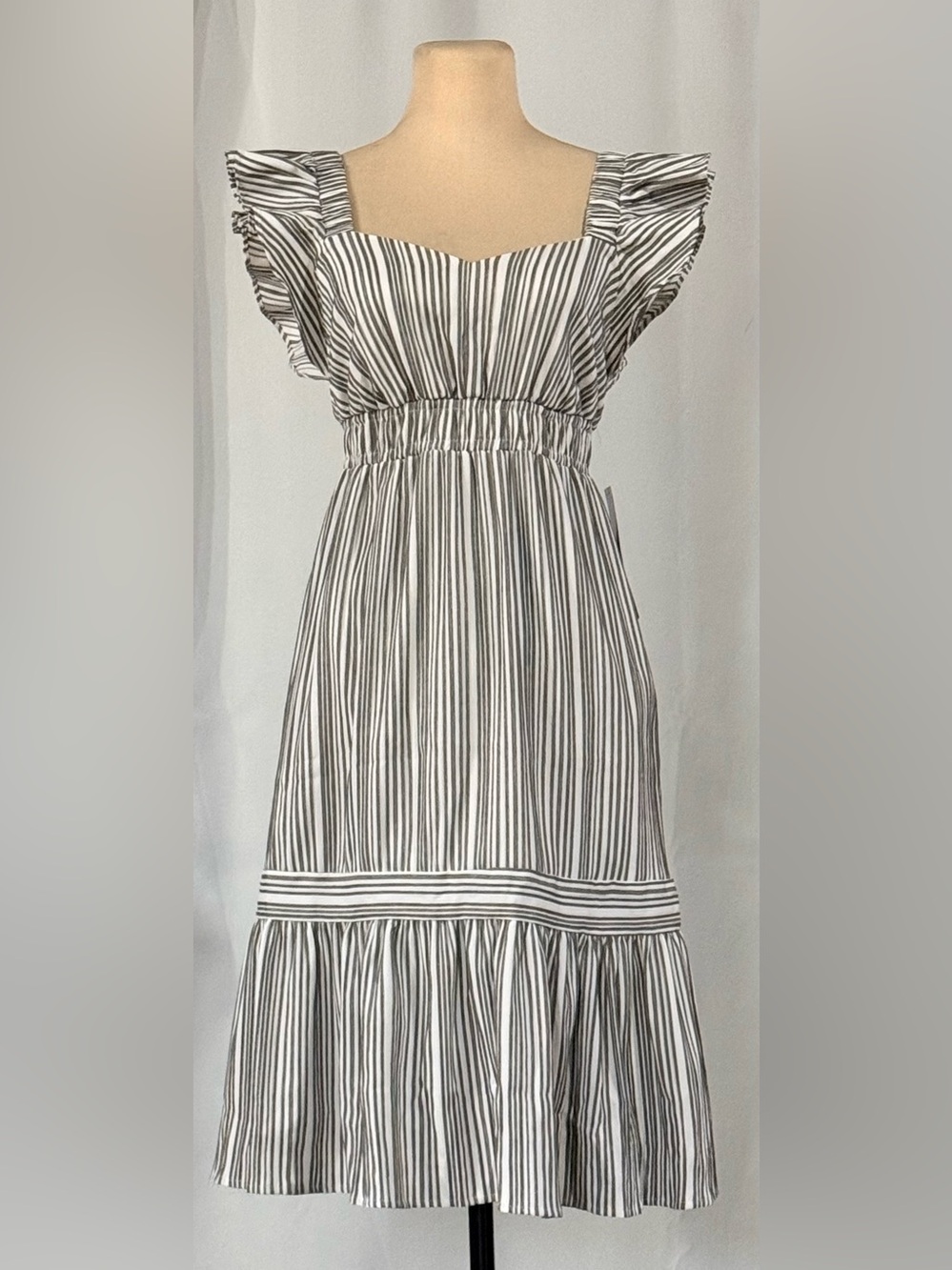 London Times Black & White Striped Ruffle-Sleeve Midi Dress